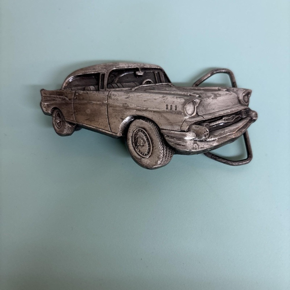 Vintage 1979 Bergamot Brass Works 57 Chevy Car Silver Tone Belt Buckle